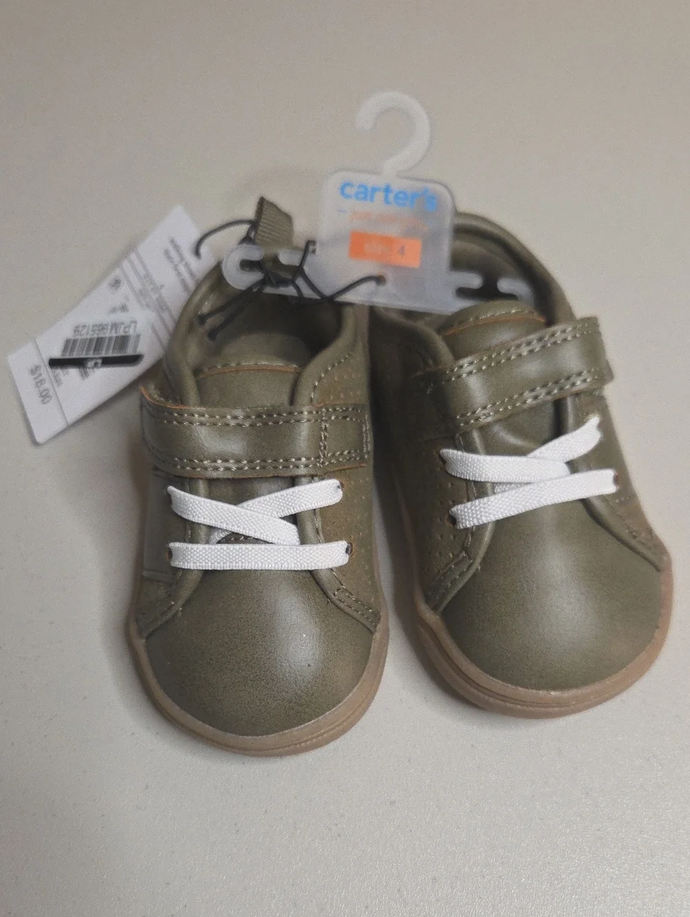 Carter's Olive Green Hook-and-Loop Baby Shoes with White Laces